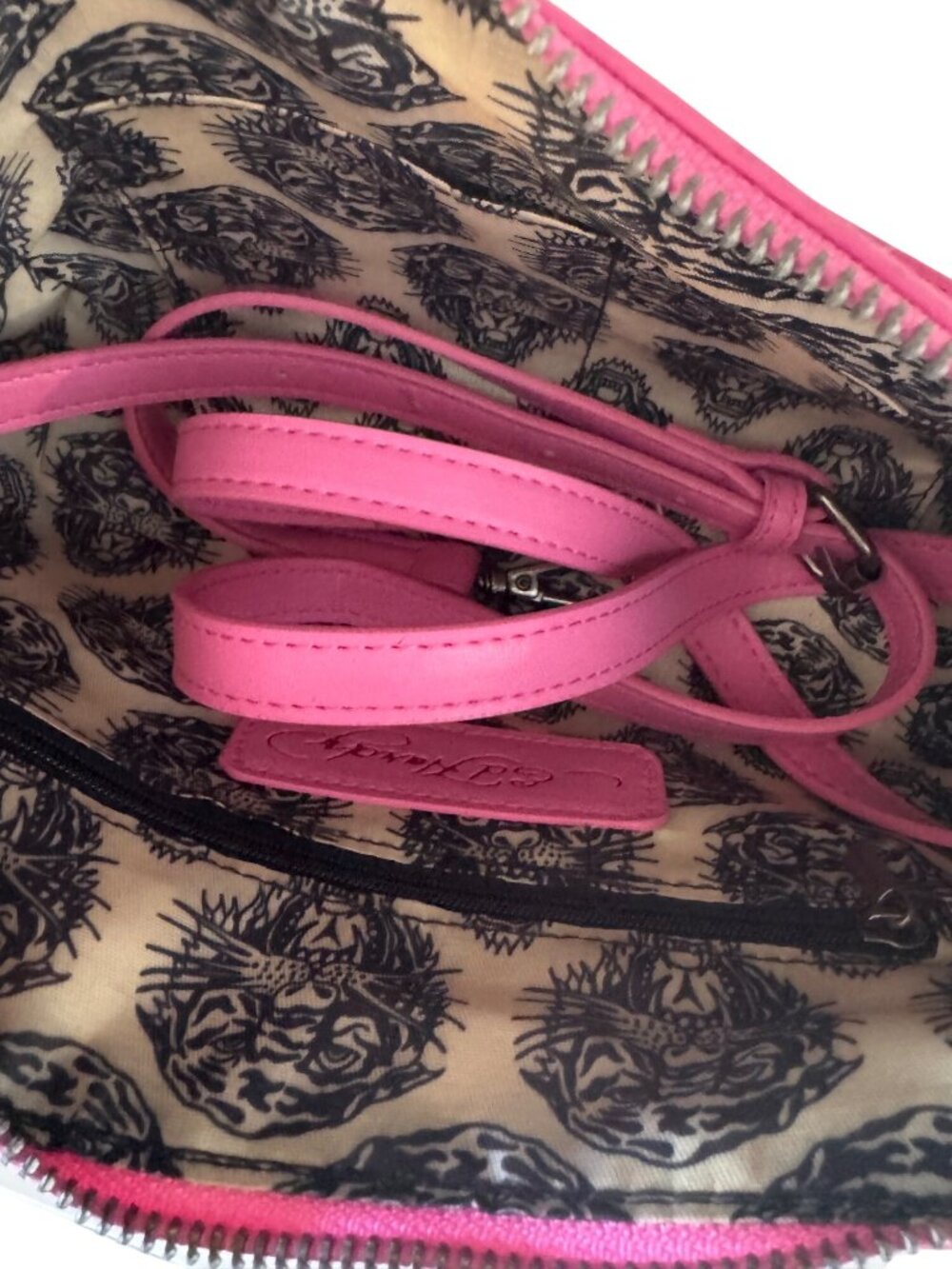 Ed Hardy Pink Tattoo Print Shoulder Bag With Skull Charm & Chain Accents - Picture 6 of 7